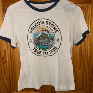 Volcom White Tee with Navy Ringer Trim and Mountain Logo